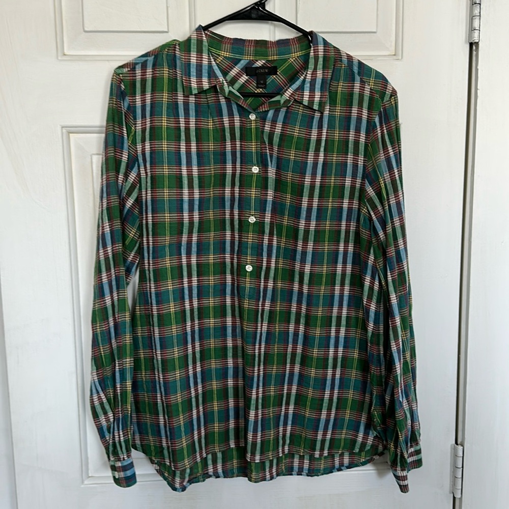 J. Crew Green and Blue Plaid Button-Up Blouse
